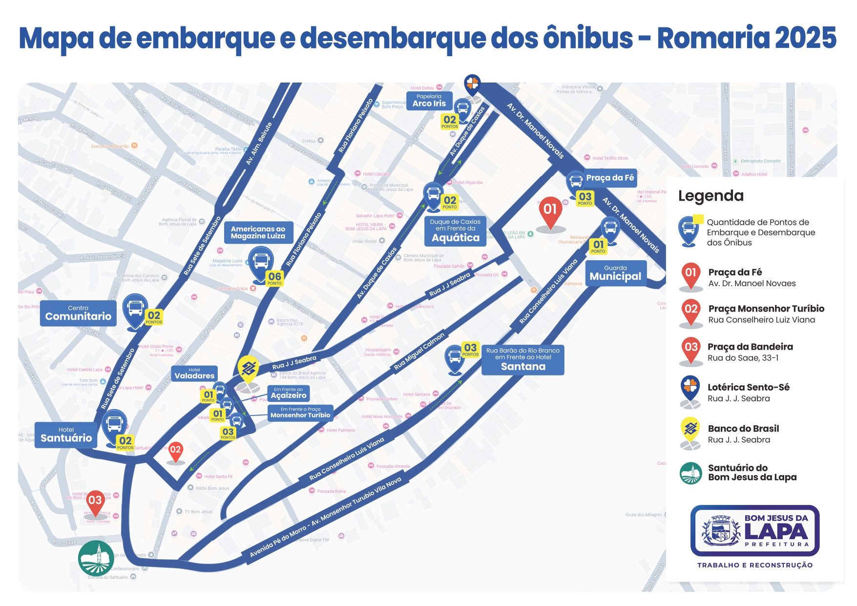 mapa de embarque e desembarque dos Ônibus.